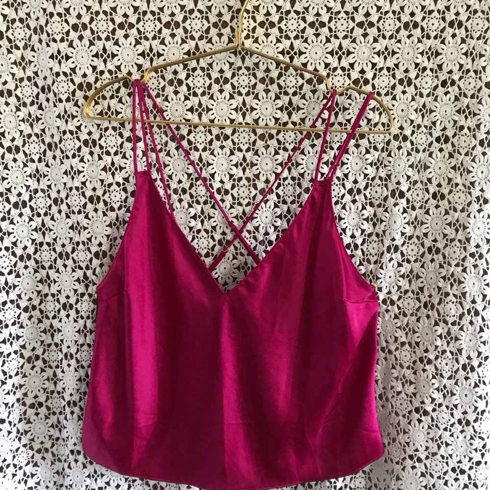 Women’s Fuchsia Satin V-Neck Cami Tank Top with wide leg pants